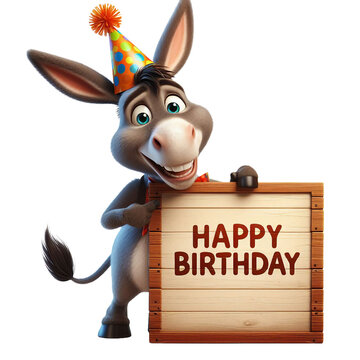Cute Animal 3D Donkey Holding 'Happy Birthday' Board and Wearing Party Cap Cartoon: Isolated on Transparent Background - Clipart PNG Sticker Design	