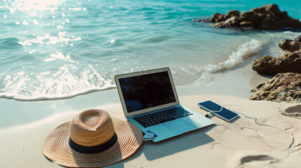 The concept of working with a laptop and phone for relaxation and on the ocean shore with blue water and a leaf from a palm tree on the sand