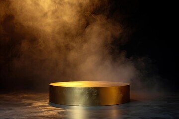 Gold podium on a dark background with atmospheric smoke Perfect for award ceremonies or showcasing prestigious events