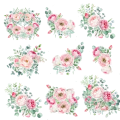 Keuken foto achterwand Bloemen Watercolor floral illustration. Pink flowers and eucalyptus greenery bouquet. Dusty roses, soft light blush peony - border, wreath, frame. Perfect wedding stationary, greetings, fashion, background