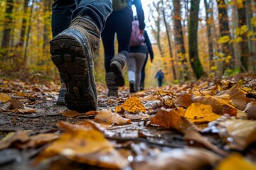 Group of tourists exploring an autumn forest path Focusing on their feet and the journey Symbolizing travel Adventure And nature exploration
