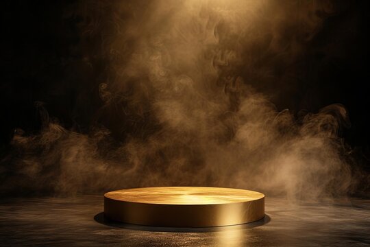 Gold podium on a dark background with atmospheric smoke Perfect for award ceremonies or showcasing prestigious events