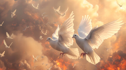 white doves against the background of war and destroyed buildings and fire - obrazy, fototapety, plakaty