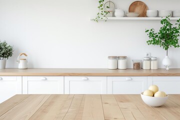 Fototapeta na wymiar Light and airy wooden table in a modern white kitchen Providing a clean and minimalistic scene for showcasing products or culinary creations