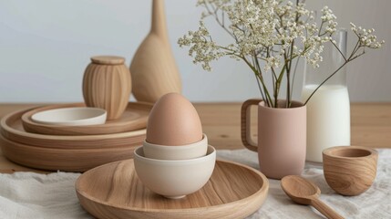  a close up of a plate with an egg on it and a vase with baby's breath in it and a vase with baby's breath in it.