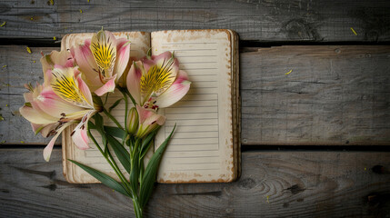 Recipe book, flower on wooden grey background