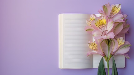 Beautiful background with notepad and bouquet of flowers on lilac background