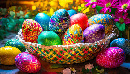 Fototapeta na wymiar Patterned vibrant Easter eggs in wooden basket