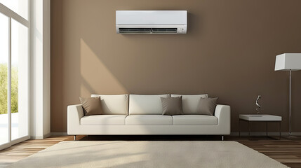 Air conditioner hanging on the wall of a cozy brown room above the sofa