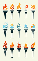 Flaming torch icons collection. Cartoon torch with flame. Burning fire or flame. Sport fire sign. Competitions, athletic, champion, sports game or freedom torches with flames icon. Vector illustration