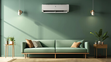 Air conditioner hanging on a light wall of a  green room with furniture - obrazy, fototapety, plakaty