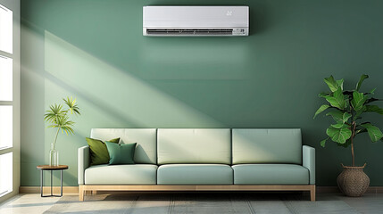 An air conditioner hangs on a light wall of a cozy dark green room with furniture