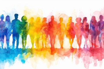 Multicolored spectrum silhouettes of people on a white background Creating a vibrant and diverse watercolor representation of community and unity