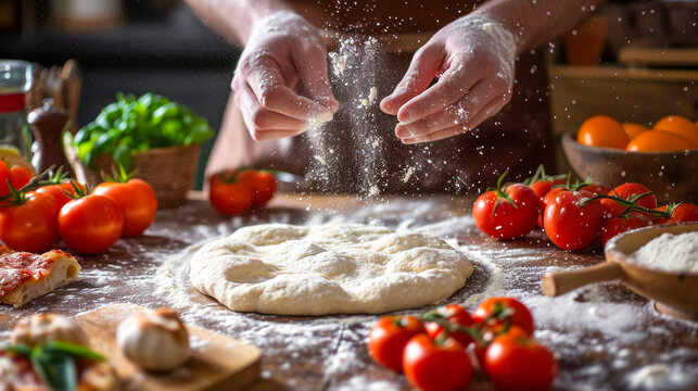 Taste of Italy. A pizzaiolo Chef hand making a delicious  Pizza in a rustic kitchen.
