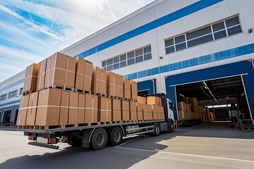 Optimizing delivery with boxes packed and loaded onto a large truck outside a warehouse Symbolizing efficiency and logistics