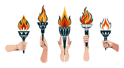 Hands collection with flaming torch. Burning torch flame in hand. Symbols of relay race, competition victory, champion or winner. Vector hand draw illustration isolated on white. Vector illustration.