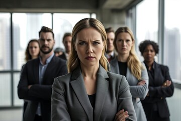 Obraz premium Portrait of a businesswoman and her team in a modern office setting Capturing various moods from serious to angry Against a backdrop of urban architecture