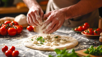 Obraz na płótnie Canvas Taste of Italy. A pizzaiolo Chef hand making a delicious Pizza in a rustic kitchen.