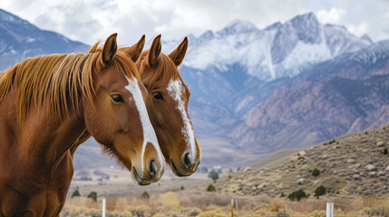 Obraz premium Brown horses looking to one side close-up in a meadow with mountains in the background