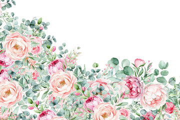 Fototapeta na wymiar Watercolor floral illustration. Pink flowers and eucalyptus greenery bouquet. Dusty roses, soft light blush peony - border, wreath, frame. Perfect wedding stationary, greetings, fashion, background