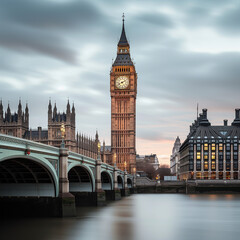 Fototapeta na wymiar Serene Evening View of Big Ben and Westminster Bridge in London