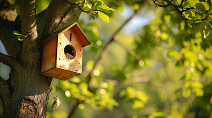Birdhouse hanging on a tree in a spring green garden
