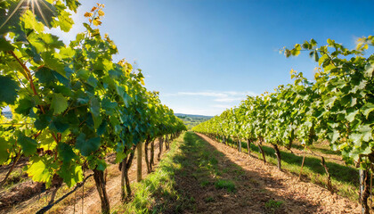 Fototapeta na wymiar A non-urban vineyard unfolds, rows of grapevines stretching across the landscape. The soft rustle of leaves and the scent of ripening grapes create a peaceful atmosphere in this countryside escape.