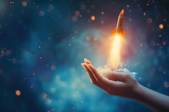 Space rocket launching from a woman's hand against a blue blurry background Depicting empowerment Innovation And the concept of reaching for the stars