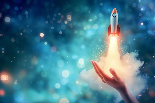 Space rocket launching from a woman's hand against a blue blurry background Depicting empowerment Innovation And the concept of reaching for the stars