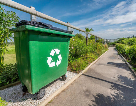 A green waste container prominently displaying the universal recycling symbol, indicating its use for recyclable materials. Its part of an eco-friendly garbage management and sorting system