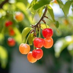 close-up of a fresh ripe rainier cherry hang on branch tree. autumn farm harvest and urban gardening concept with natural green foliage garden at the background. selective focus