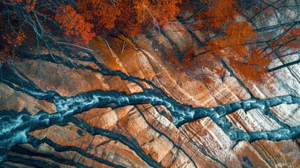  an aerial view of a river running through a rocky area with trees in the foreground and an orange tree in the middle of the middle of the picture,.
