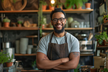Fototapeta premium Small business owner testimonial image, Young person wearing an apron in the cafe, mid aged man standing with his arms crossed, Portrait of a bakery Proprietor standing in the bakery or cafe kitchen.