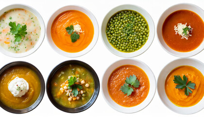 Set of various Soups isolated on white background. Top view. Tomato, carrot, pampkin and green peas soup