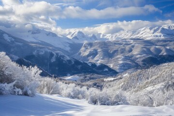 Winter landscape in the mountains Capturing the serene beauty and tranquility of snow-covered peaks and valleys