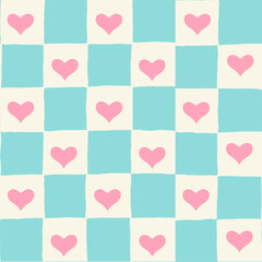 Seamless vector repeating pattern with hand drawn checkerboard in aqua and cream and a perfect pink heart half drop. Valentines midcentury checkers with pink hearts.