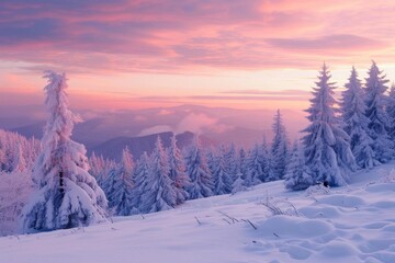 Winter landscape wallpaper with pine forest covered in snow and scenic sky at sunset Embodying a snowy wonderland and festive spirit