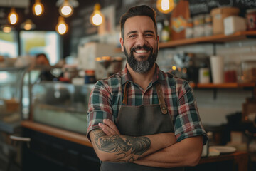 business owner testimonial image, smiling young businessman wearing an apron in the shop, indoor food and beverage photography  with co worker standing in the shop wearing an apron wallpaper concept - obrazy, fototapety, plakaty