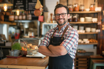 Small business owner testimonial image, Young person wearing an apron in the cafe, mid aged man standing with his arms crossed, Portrait of a bakery Proprietor standing in the bakery or cafe kitchen.