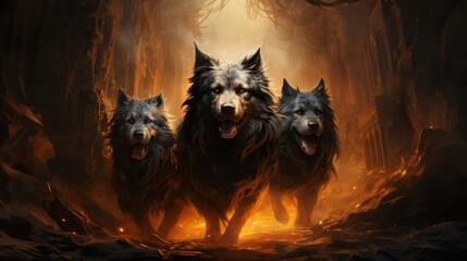 Triad of Canine Guardians in Fiery Underworld Setting - obrazy, fototapety, plakaty