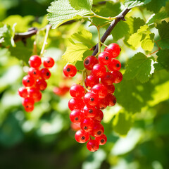 close-up of a fresh ripe redcurrant hang on branch tree. autumn farm harvest and urban gardening concept with natural green foliage garden at the background. selective focus