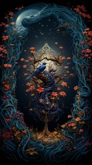 Mystical Bluebird on Twisted Tree Under Moonlight