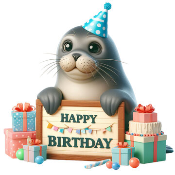 Cute Animal 3D Seal Holding 'Happy Birthday' Board and Wearing Party Cap Cartoon: Isolated on Transparent Background - Clipart PNG Sticker Design	