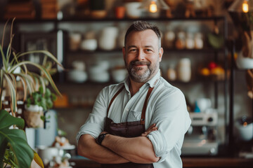 Fototapeta premium Small business owner testimonial image, matured senior person wearing an apron in the studio, Elder man standing with his arms crossed, Portrait of a craftsman standing with in the workshop studio