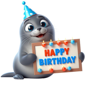 Cute Animal 3D Seal Holding 'Happy Birthday' Board and Wearing Party Cap Cartoon: Isolated on Transparent Background - Clipart PNG Sticker Design	