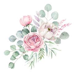 Watercolor floral illustration. Pink flowers and eucalyptus greenery bouquet. Dusty roses, soft light blush peony - border, wreath, frame. Perfect wedding stationary, greetings, fashion, background