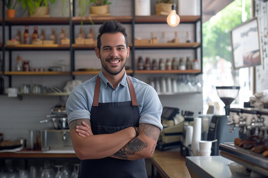 Small business owner testimonial image, Young person wearing an apron in the cafe, mid aged man standing with his arms crossed, Portrait of a coffee shop owner standing in the shop or cafe