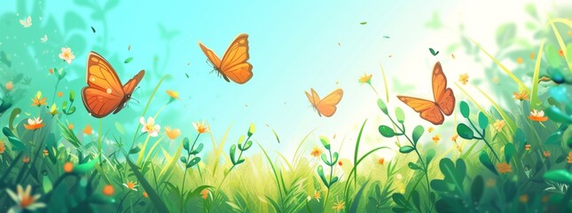 the background of the green field with butterflies and wild plants Generative AI