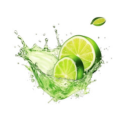 realistic fresh ripe green lime with slices falling inside swirl fluid gestures of milk or yoghurt juice splash png isolated on a white background with clipping path. selective focus