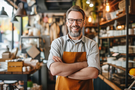 Small business owner testimonial image, Young person wearing an apron in the cafe, mid aged man standing with his arms crossed, Portrait of a bakery Proprietor standing in the bakery or cafe kitchen.